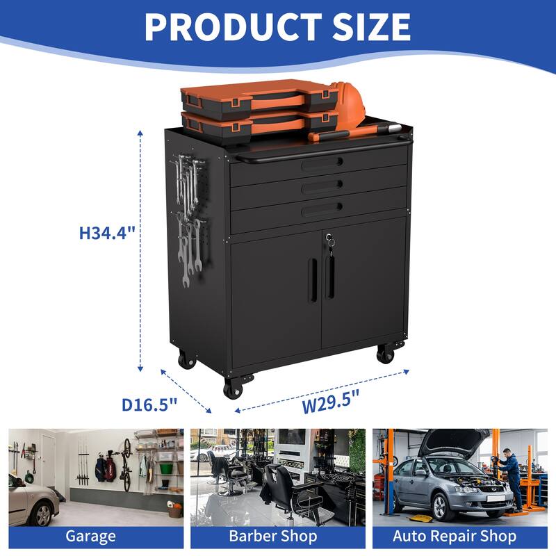 34.3" Rolling Metal Tool Cabinet, Heavy Duty Garage Storage with Lockable Doors & 3 Drawers, Mobile Workbench Organizer
