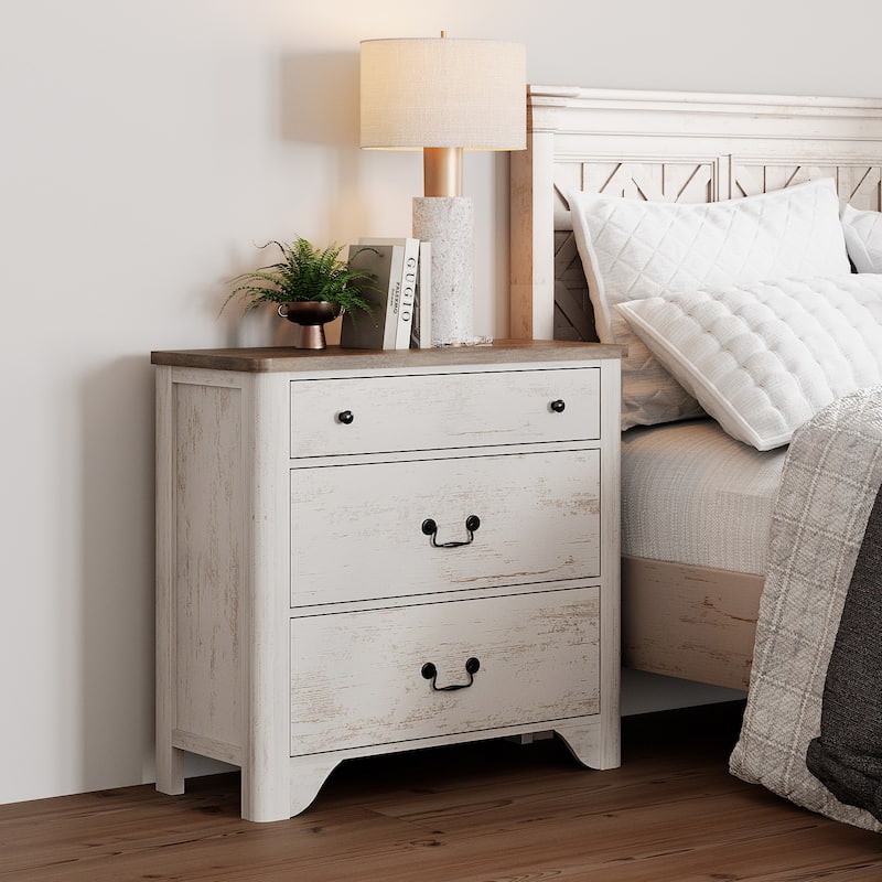WAMPAT Large Farmhouse Nightstand with 3 Drawers,Wooden End Table