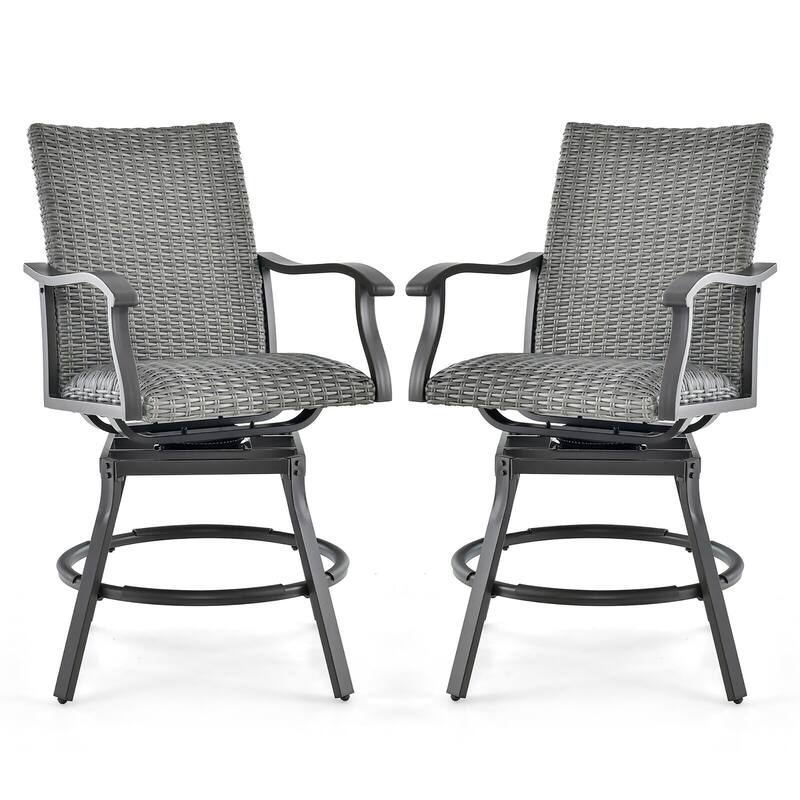 Gymax 2PCS Patio Wicker Aluminum Swivel Bar Height Chairs W/4D Air - Black+Mix Grey
