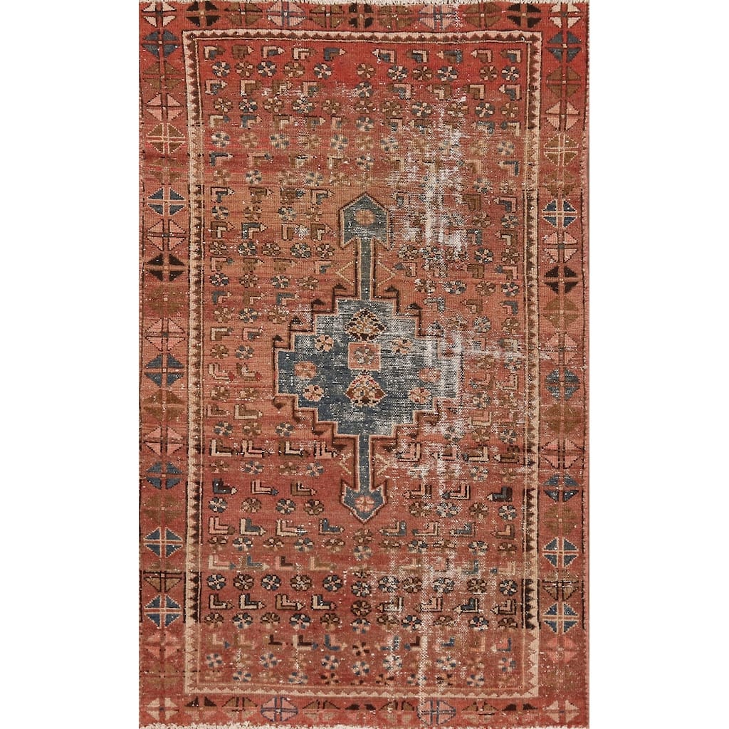 Hand Knotted Oriental 100% Wool Carpet Traditional Geometric Oranges & Rust Hamedan Area Rug - 6' 0'' X 3' 7''