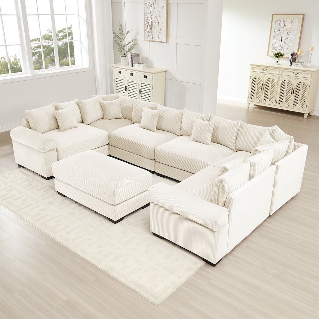 6-Seat Convertible Cloud Corduroy Modular Sofa with 1 Ottoman & Throw Pillows