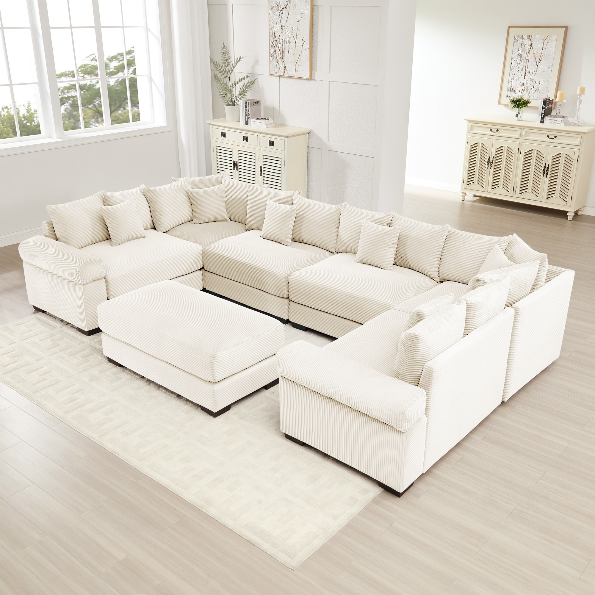 6-Seat Convertible Cloud Corduroy Modular Sofa with 1 Ottoman & Throw Pillows