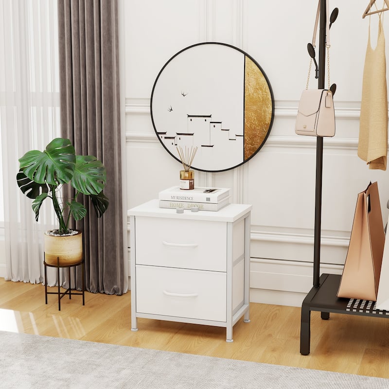 Nightstand, Bedside Table with 2 Storage Drawers, Wooden Top Fabric Cabinet Kids Mini Dresser for Bedroom, Closet, Entryway - White