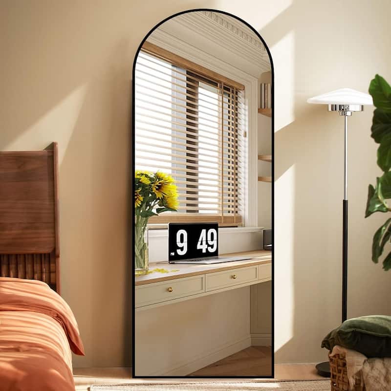 Arched Full Length Mirror with Stand, Floor Standing Mirrors for Bedroom Body Hanging Leaning Wall Living Room Cloakroom ﻿ - 21x64 - Black
