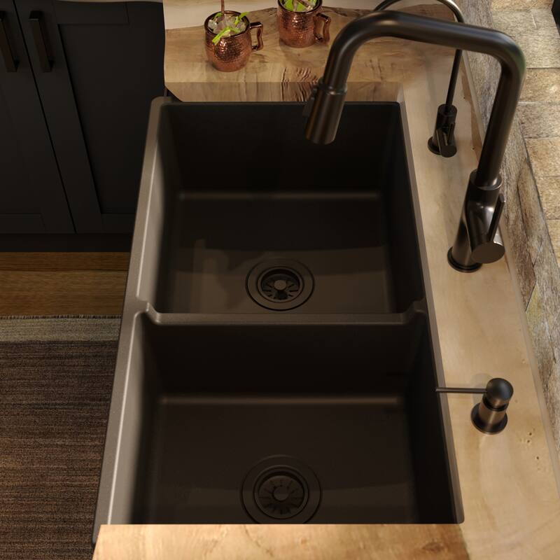 Karran 33" Double Bowl Panel Front Farmhouse Fireclay Kitchen Sink with Reversible Apron Front