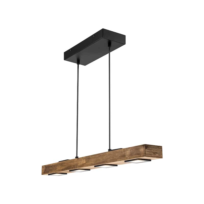 6-Light Modern Farmhouse Brown Wood Linear Integrated LED Island Pendant for Kitchen Dining Room - 31.4 in. L