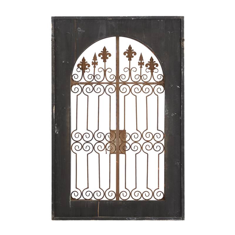 Wood Fleur De Lis Arched Windowpane Home Wall Decor with Rust Metal Scrolled Gate - Blue - Roche River Decor