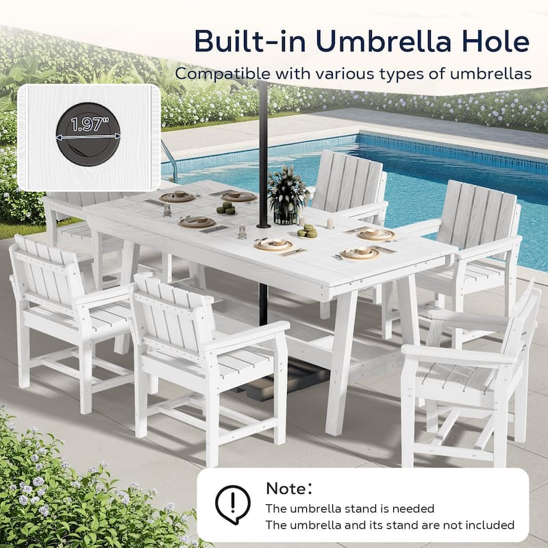 7-Piece HDPE Outdoor & Indoor Dining Set, Rectangular 67.91in W Table with Umbrella Hole and 6 Chairs Set of 7, Wood-Look Finish