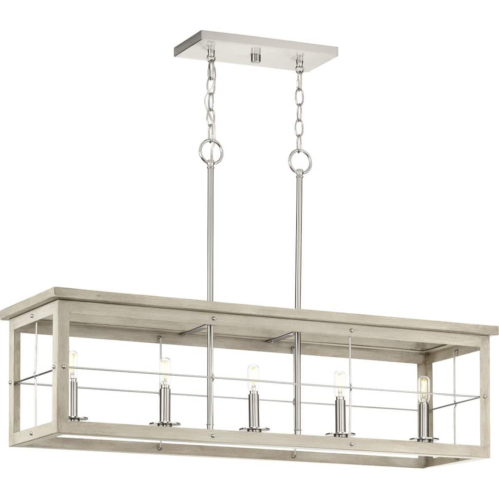Hedgerow Collection Five-Light Brushed Nickel and Grey Washed Oak Farmhouse Style Linear Island Chandelier Light