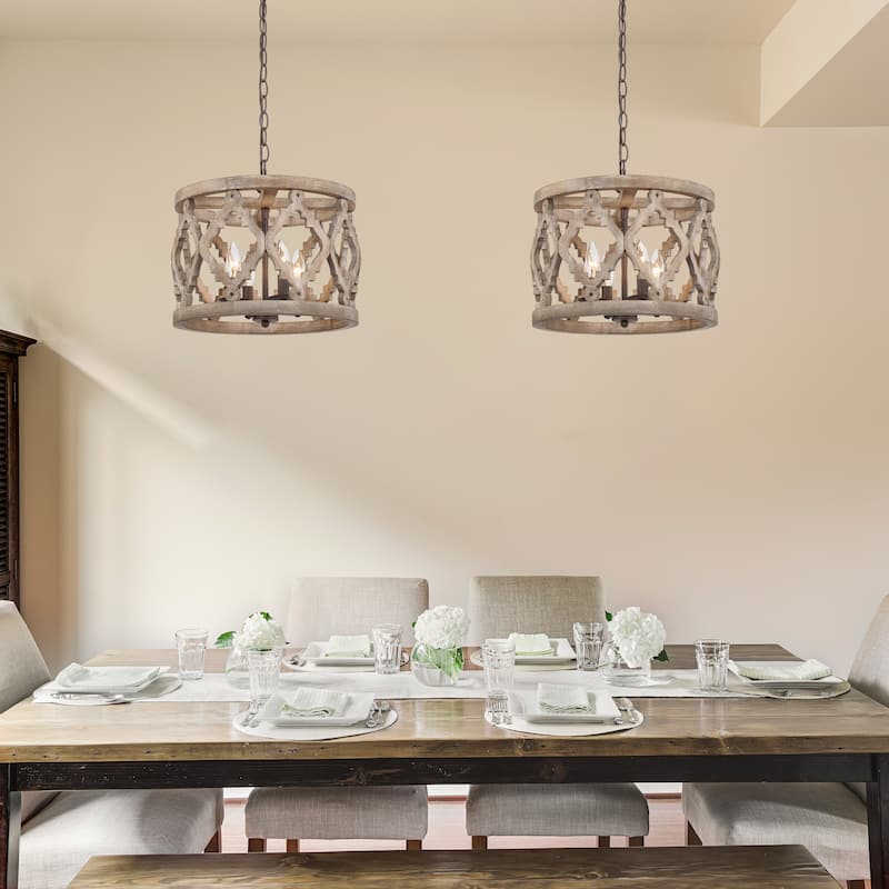 Farmhouse 4-Light Wood Drum Chandelier Island Lights for Dining Room