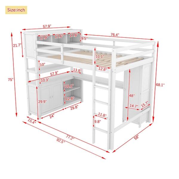 dimension image slide 0 of 2, Wood Full Size Loft Bed Frame with Cabinet, Bookshelf and Wardrobe