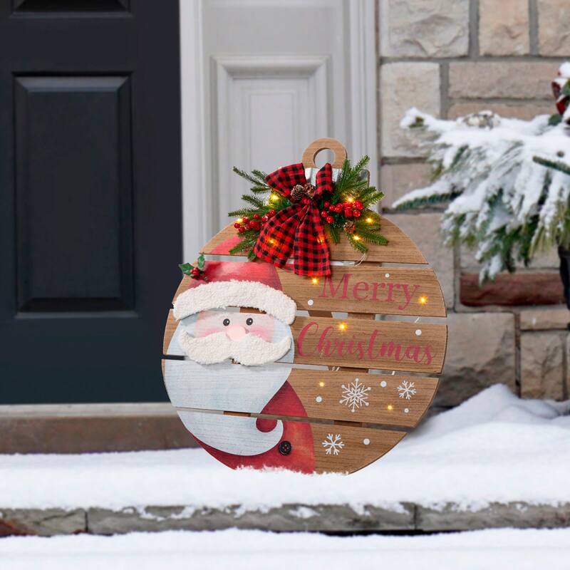 Glitzhome 30"H Lighted Round Wooden Christmas Porch Decor