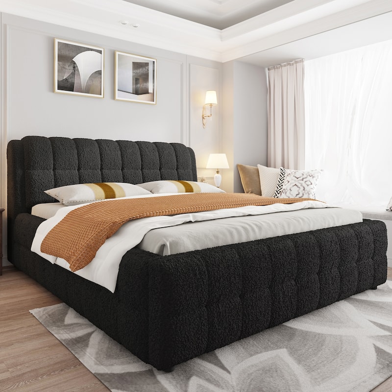 Upholstered Platform Bed with Thick Wingback Headboard and Wood Slat Support