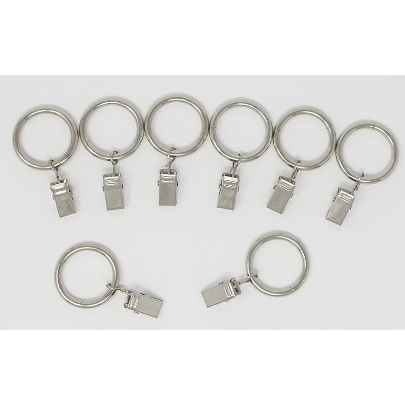 Metal Curtain Drapery Rings with Clips, 8 Pk, 1-inch Inner Diameter, Fits up to 3/4 Inch Rod - Brushed Steel