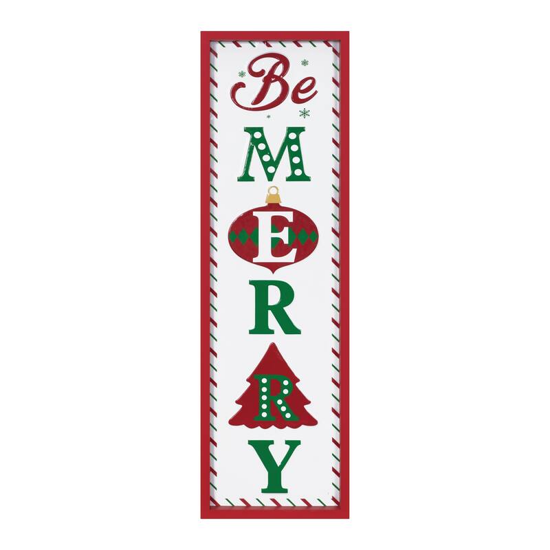 HomeRoots 30" X 9" Green Red And White Christmas Be Merry Iron Hanging Wall Decor