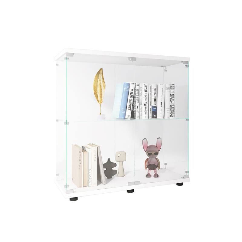 One-Door Glass Display Cabinet with 3 Shelves, Floor Standing Curio Bookshelf with Tempered Glass for Living Room Bedroom Office
