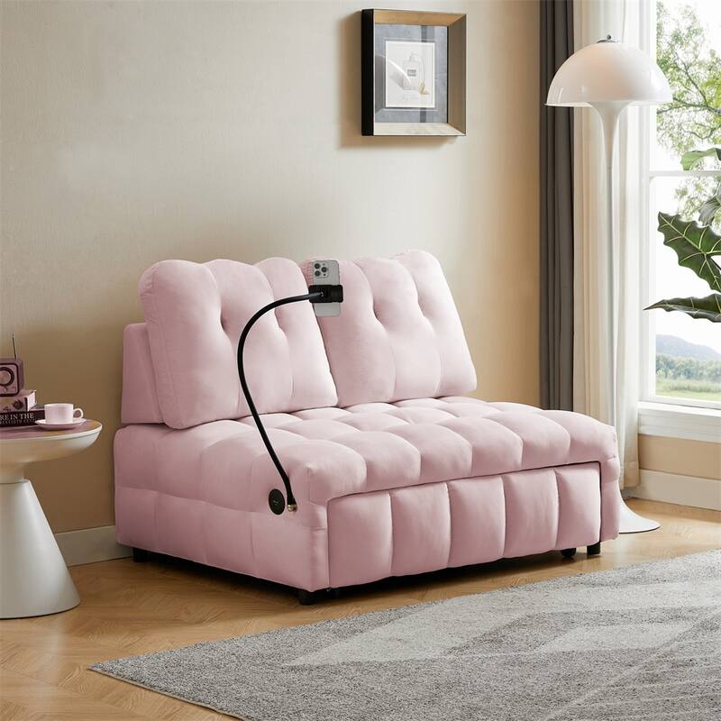 Velvet Pull Out Sofa with Removable Backrest,USB Port and Phone Stand
