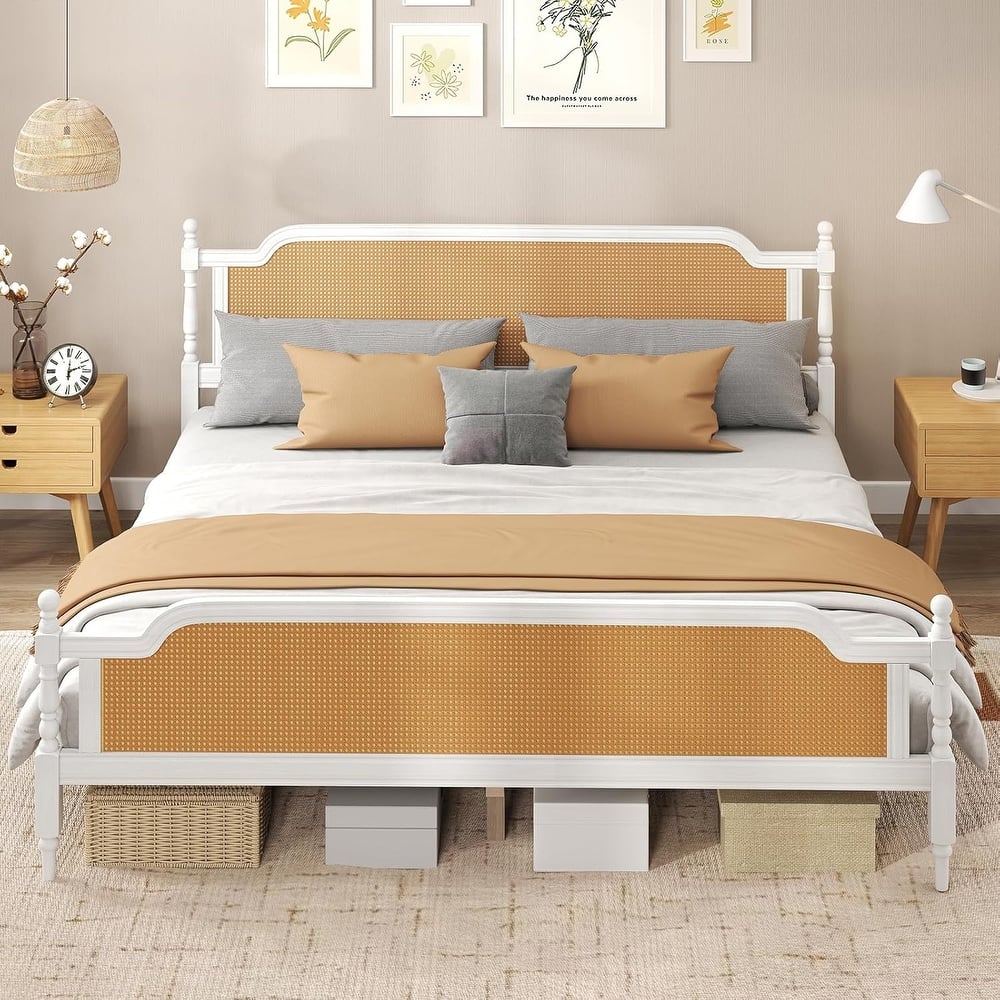 Rattan Platform Bed Frame with Handwoven Rattan Headboard and Footboard, No Box Spring Needed Solid Pine Wood Bed Frame