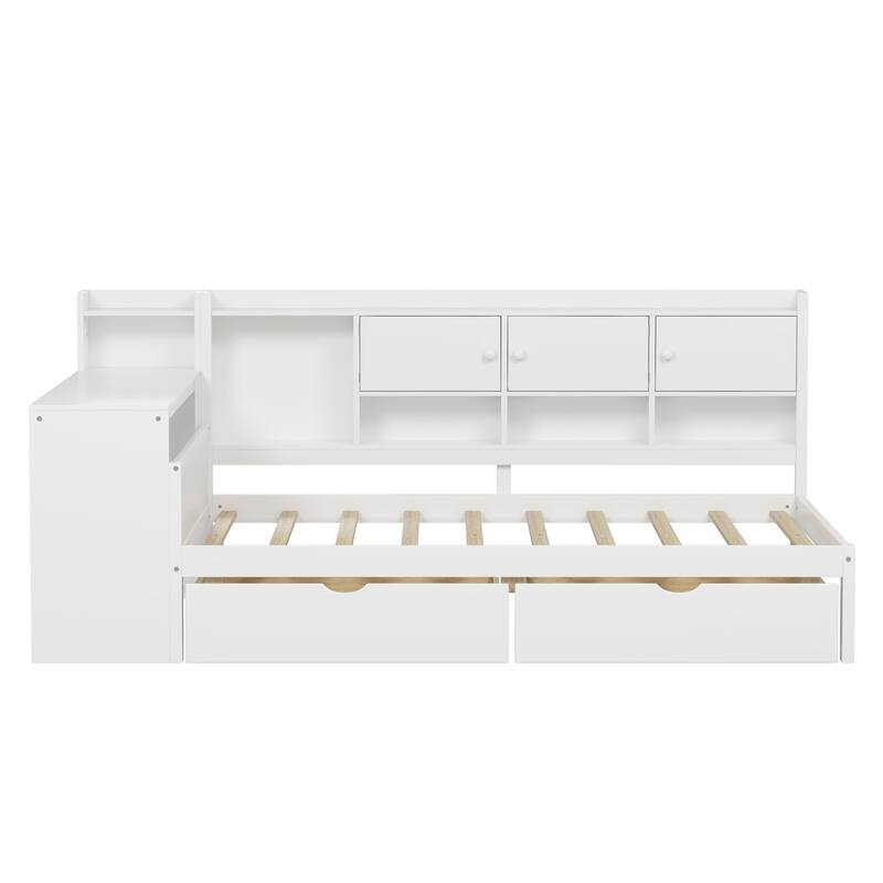 Full Size L-Shape Wooden Daybed with Storage, Desk, and Bookshelf, White