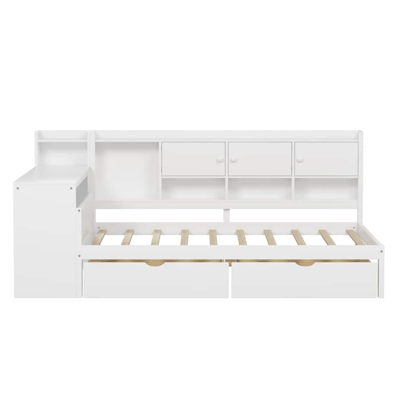 L-Shape Wooden Daybed with Storage, Study Desk, and Built-in Bookshelf, White