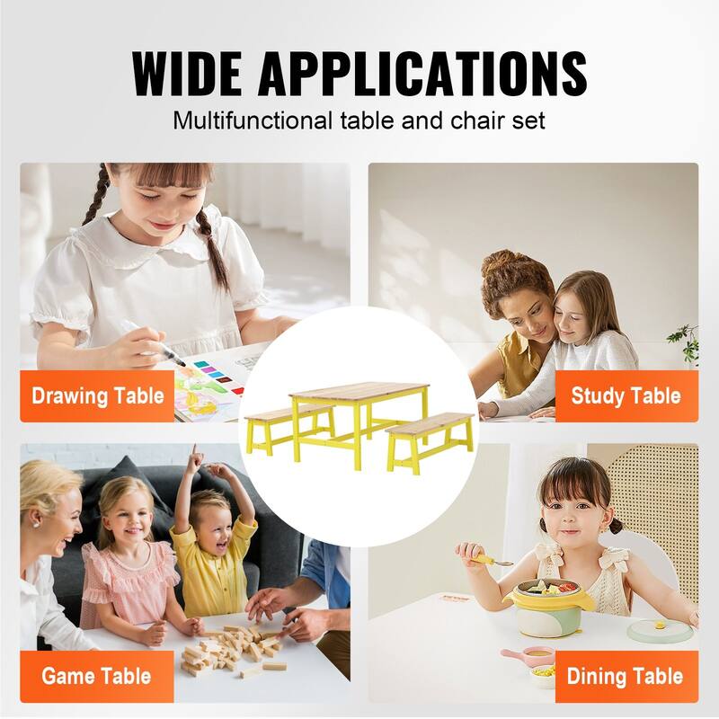 3 Pieces Rectangular Kids Wooden Activity Table and Bench Set Suitable Playroom Daycare or Tutoring Center