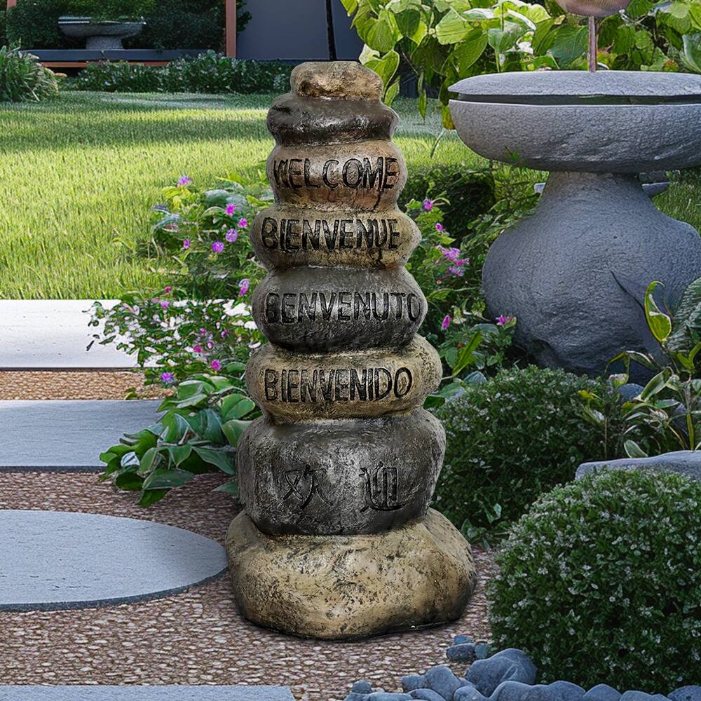 32.2in Stacking stones Garden Statues, Welcome Signs in Five Languages