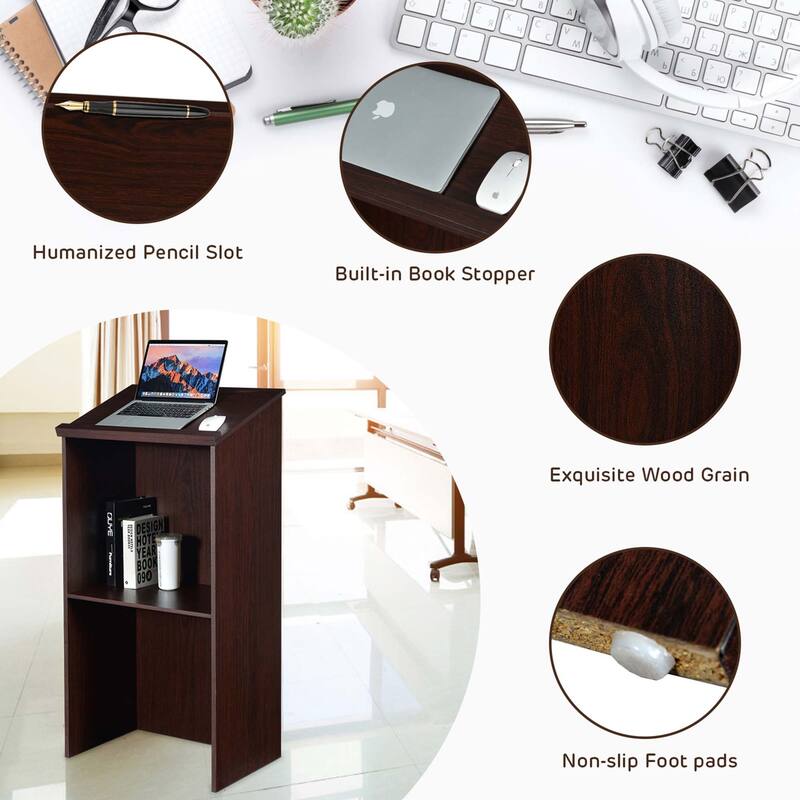 Wooden Speaking Lectern Floor Standing Podium w/ Adjustable Shelf