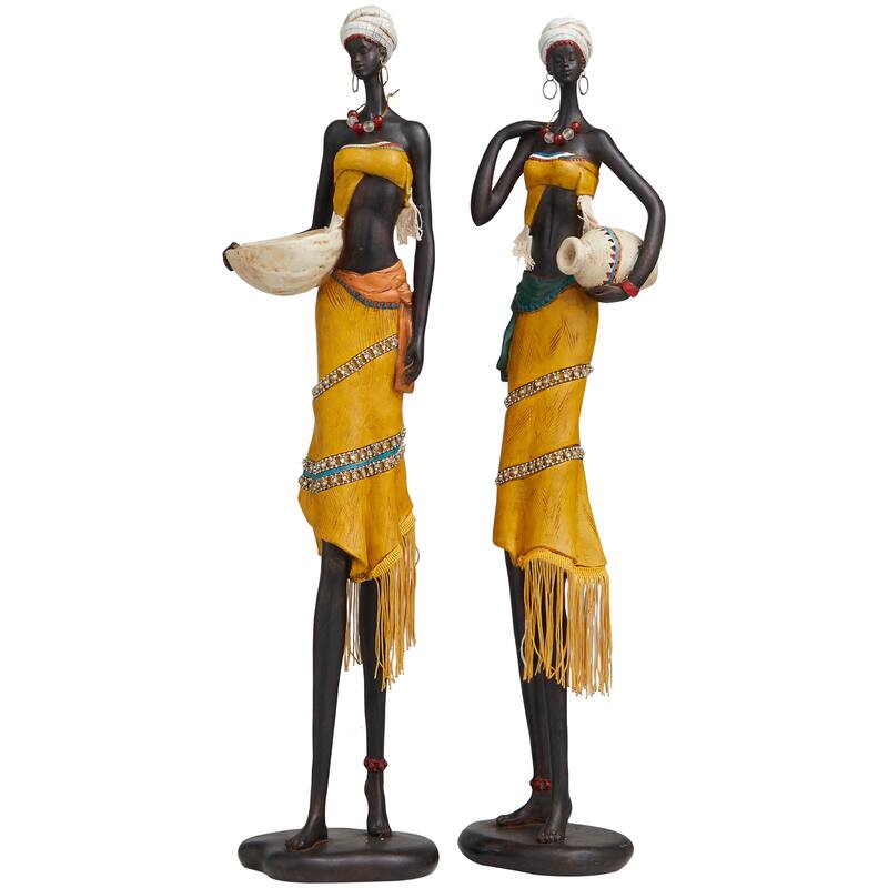 Yellow Polystone Handmade African Woman People Decorative Sculpture with Water Jugs and Jeweled Details (Set of 2)