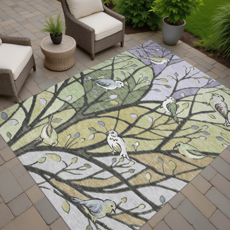 Machine Washable Indoor/ Outdoor Bird Mosaic Chantille Rug - Aloe - 8' x 10'