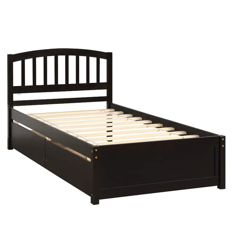 Twin Size Wood Platform Bed with 2 Sliding Storage Drawers, Balustrade
