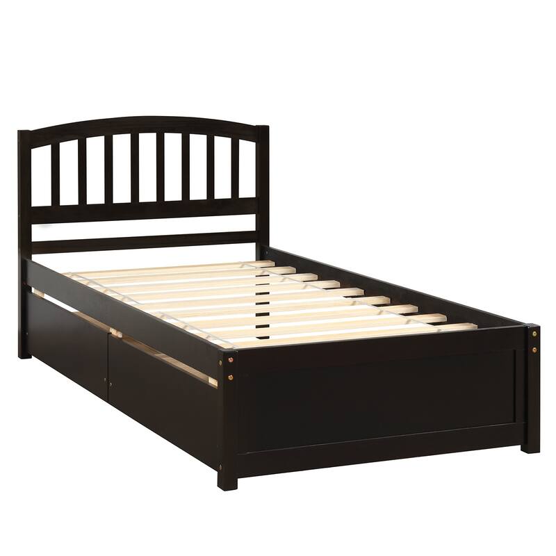 Wooden Twin Bed Frame with Storage Drawers - No Box Spring Needed
