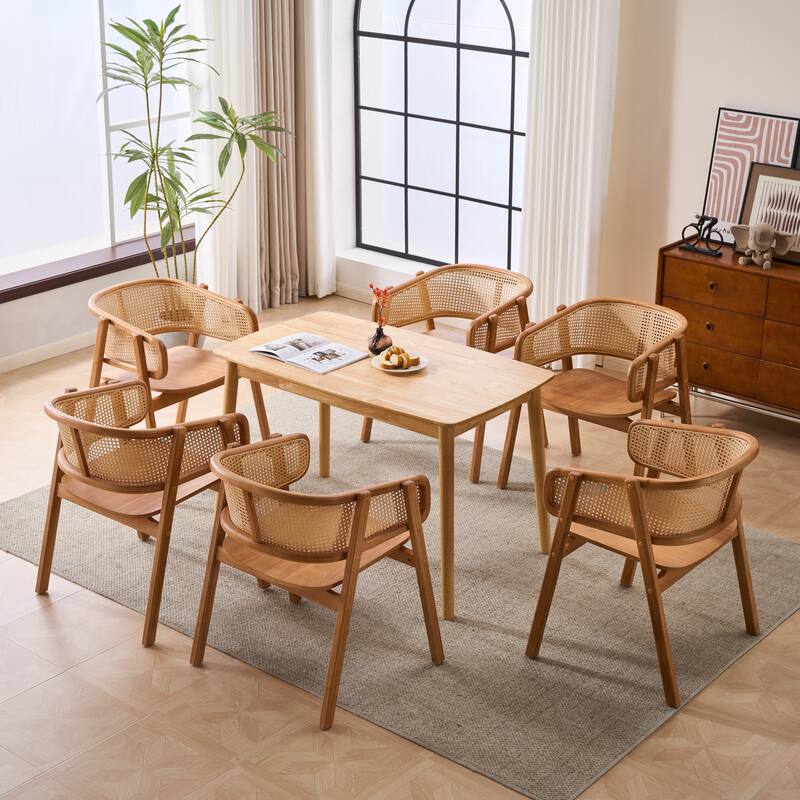 Christopher Knight Home - Mid-Cenutry Natural Rattan Mesh Dining Chairs Set with Ergonomic Curved Back and Armrests - Set of 6 - Light Brown