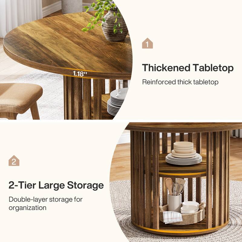 47 Inch Round Dining Table with 2-tier Storage and Solid Wood Base - 47.24" D x 47.24" W x 29.53" H