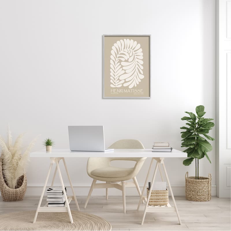 Stupell Neutral Tones Botanical Leaf Pattern Matisse Text Framed Wall Art - Tan