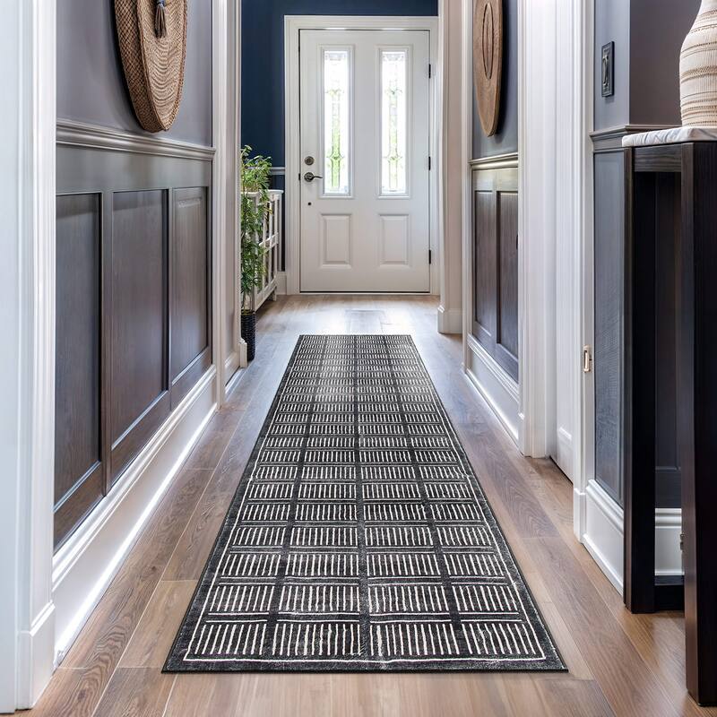 World Rug Gallery Bohemian Stripe Lines Washable Non Slip Area Rug - Black - 2'x10' Runner