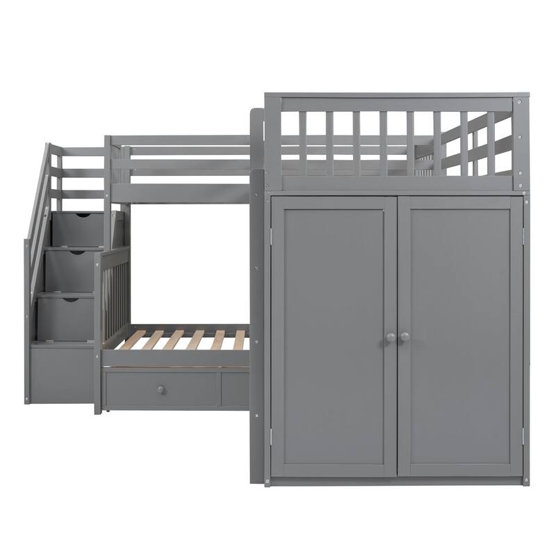 Twin-Twin over Full L-Shaped Bunk Bed With 3 Drawers, and Portable Desk and Wardrobe