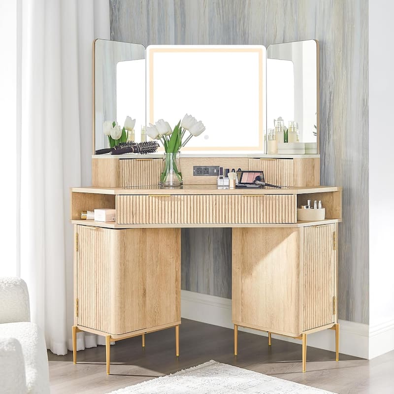Modern Fluted Makeup Vanity Desk with 3 Way Mirror&Light, Vanity Table