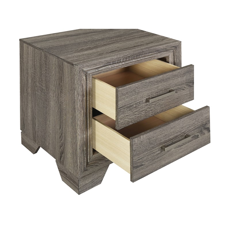 2 Drawers Wooden Nightstand with Metal Pulls in Brown Oak