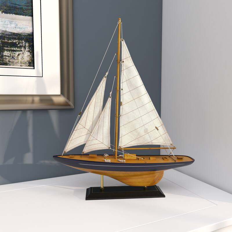 Brown Wood Sail Boat Decorative Sculpture with Beige and Navy Accents and Lifelike Rigging
