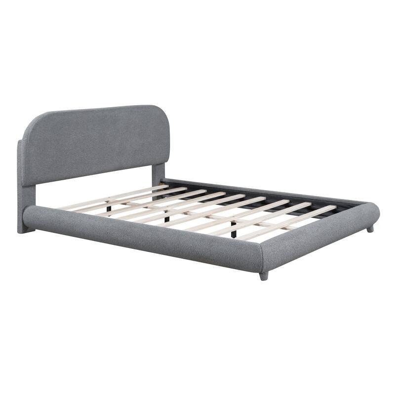 Full/Queen Size Teddy Fleece Upholstered Bed with Thick Fabric, Platform Bed Frame with Headboard & Stylish Curve-shaped Design