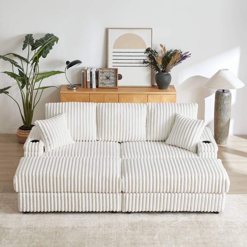 Deep Seat Sectional Loveseat Set with 2 Ottoman and 2 Pillows, Corduroy Chaise Lounge Bed with 2 Storage Spaces and Cupholding
