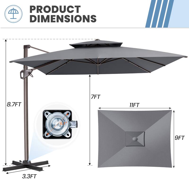 11 × 9 ft Outdoor Patio Cantilever Offset Dual Top Umbrella