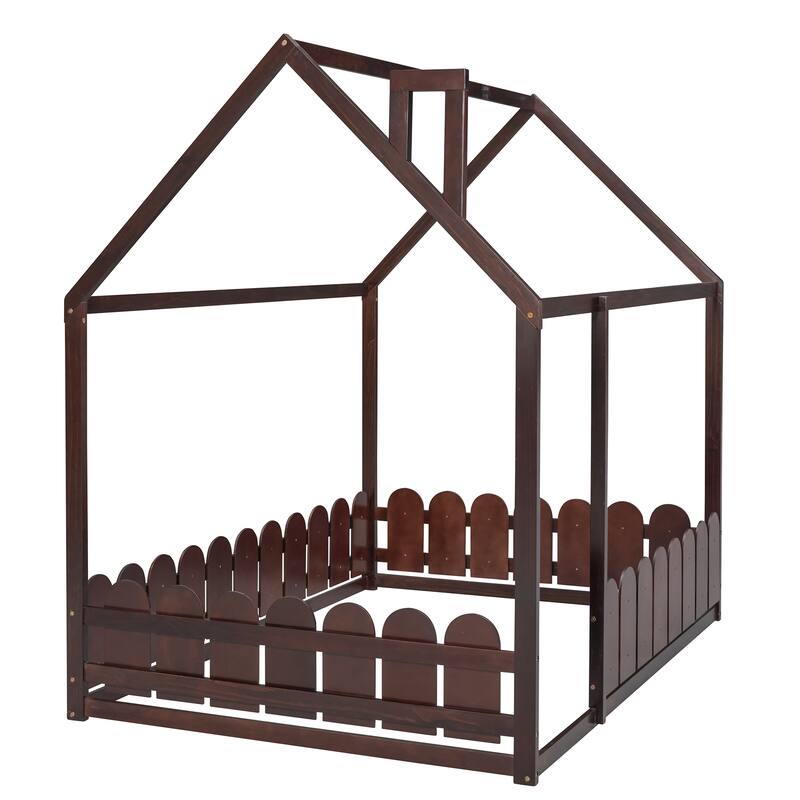 Full Size Wood House Bed Frame with Fence for Children's Bedrooms, Small Space, Playhouse Design, Slats Not Included