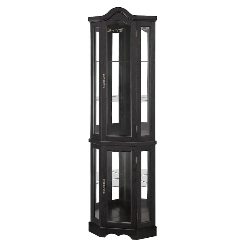 Lighted Corner Curio Cabinet, Freestanding Glass Display Cabinet, Wooden China Cabinet with Tempered Glass Doors & Shelves