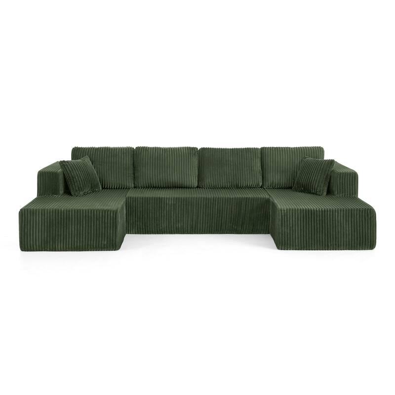 U Shape Modular Sectional Sofa with Dual Chaise Lounges, Corduroy Upholstered Sleeper Sofa, Comfy Compressed Sectional Sofa