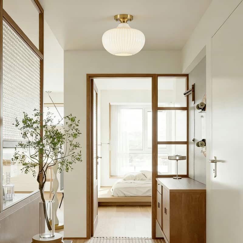 1-Light Modern Elegant Ribbed Glass Flush Mount with Brushed Brass/Matte Black Finish for Bedroom & Foyer