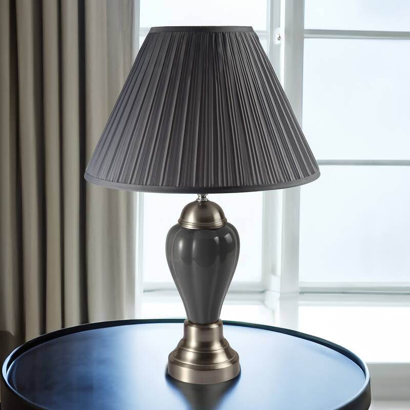 1pc Elegant Crafted Table Lamp Glossy Gray Base Contrasting Metallic Details Pleated Shade Modern Look Porcelain Rotary Switch
