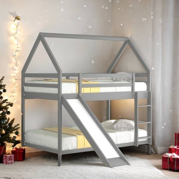 slide 2 of 29, Twin over Twin House Shape Bunk bed with Slide Grey