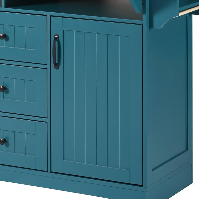 55.75'' Kitchen Island with 2 Drop Leaf, Rolling Wheels, Power Outlet, Spice & Towel Rack and 3 Drawers