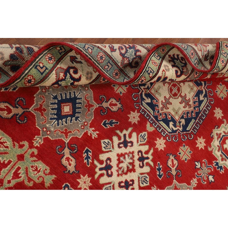 Geometric Red Kazak Oriental Rug Hand-Knotted Living Room Wool Carpet - 5'0" x 6'8"